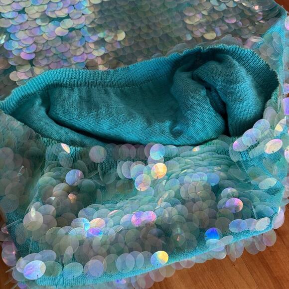 Vintage Norma Kamali dress sequined sequin teal Turquoise mermaid sz L paillete - Picture 14 of 17